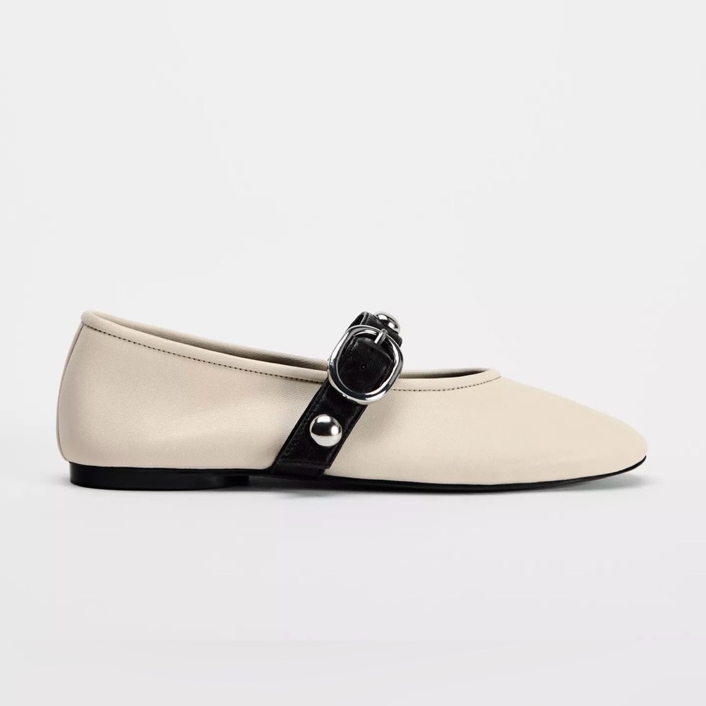 Zara Studded Leather Ballet Flats Ivory and Black
